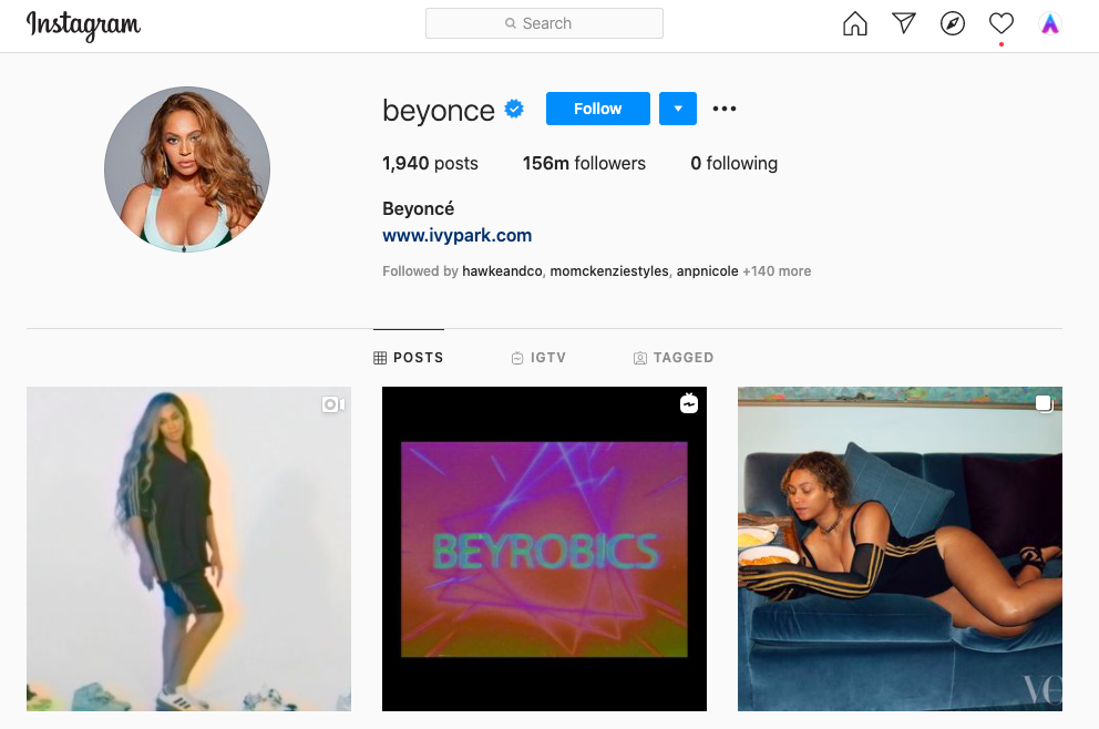 beyonce's Instagram follower to following ratio
