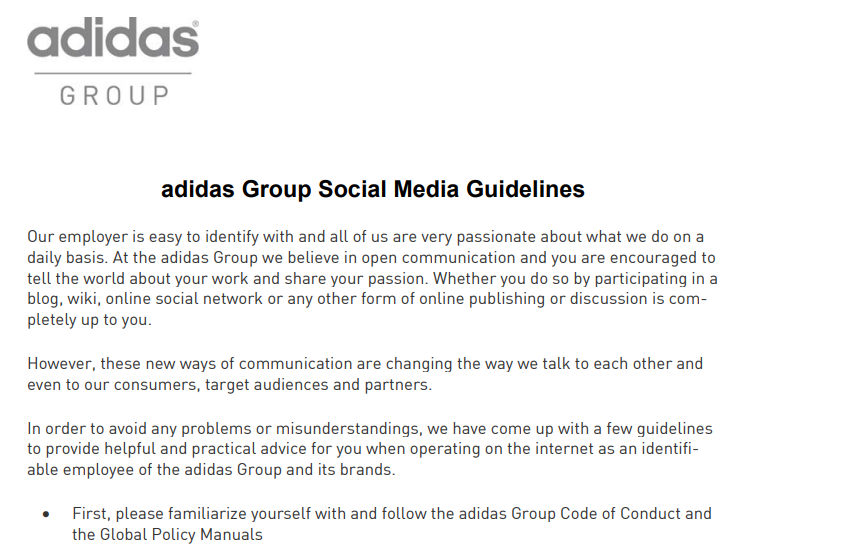 How to write a Social Media Policy for your company Adidas sample