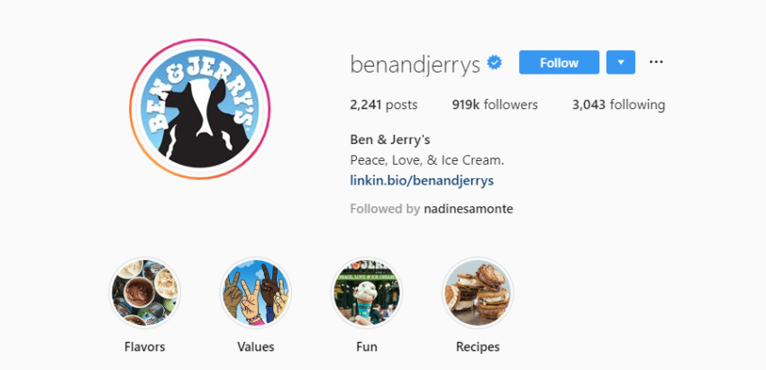 instagra for business and marketers BENANDJERRYS sample