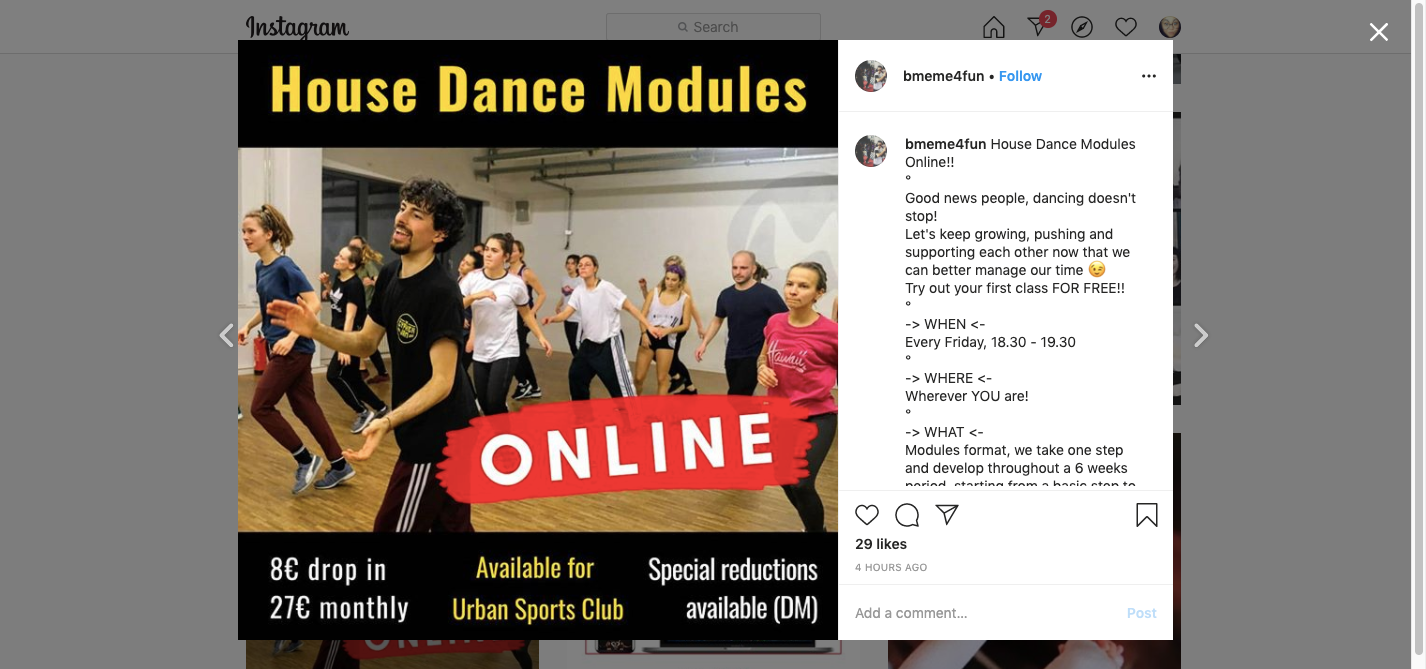Online classes promoted on Instagram