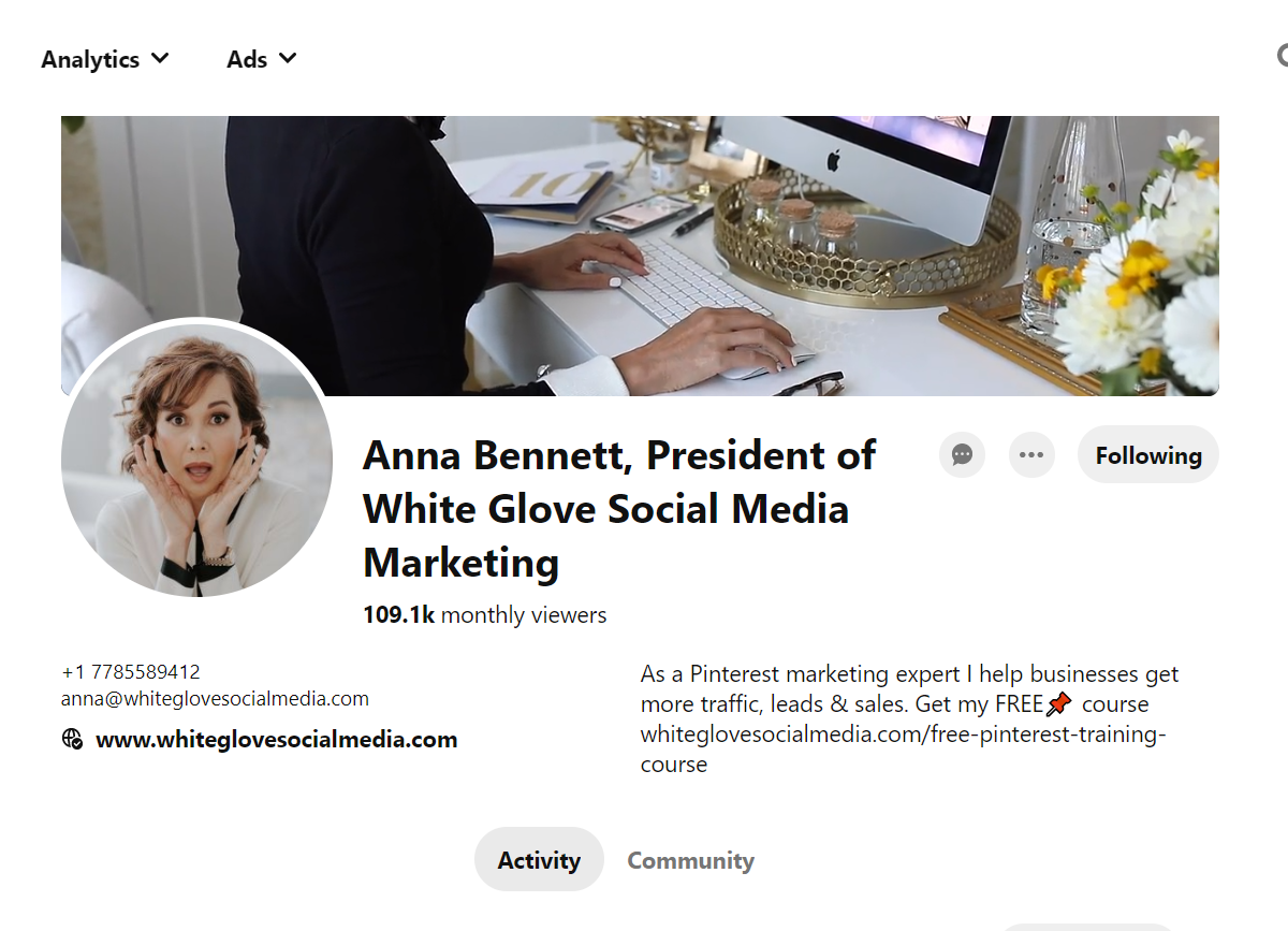 Anna Bennett, President of White Glove Social Media Marketing Pinterest Account