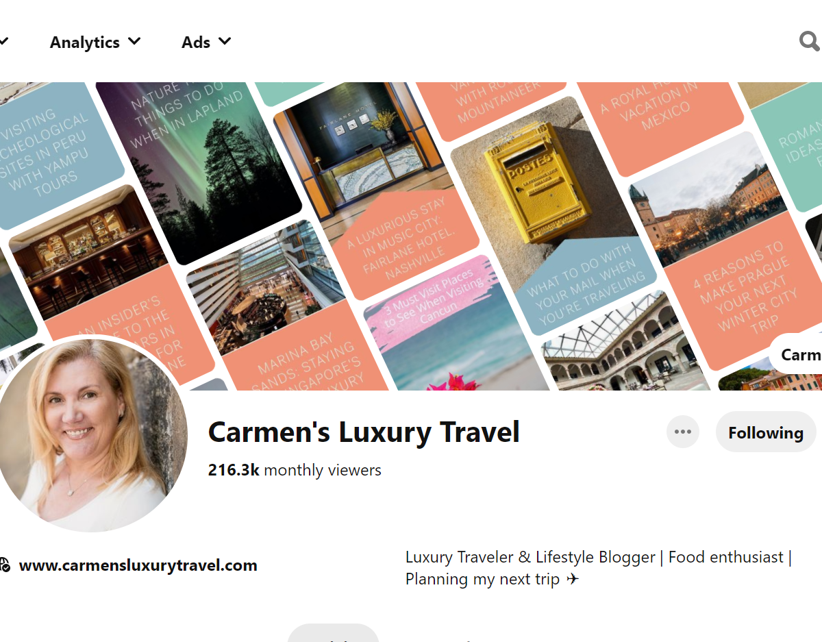 Carmen's Luxury Travel-Top 100 Pinterest Travel Influencers