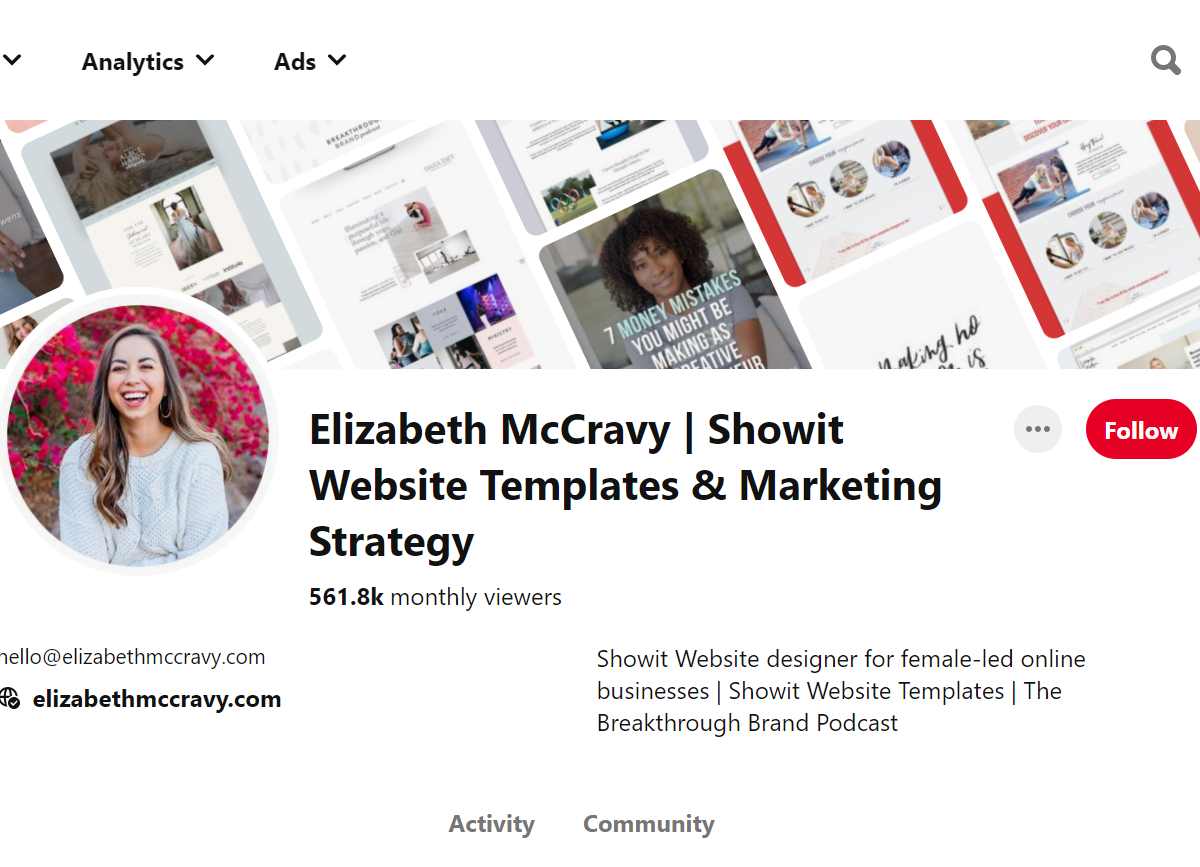 Elizabeth McCravy | Showit Website Templates & Marketing Strategy Pinterest Account