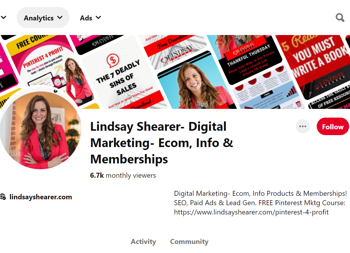 Lindsay Shearer- Digital Marketing- Ecom, Info & Memberships Pinterest Account