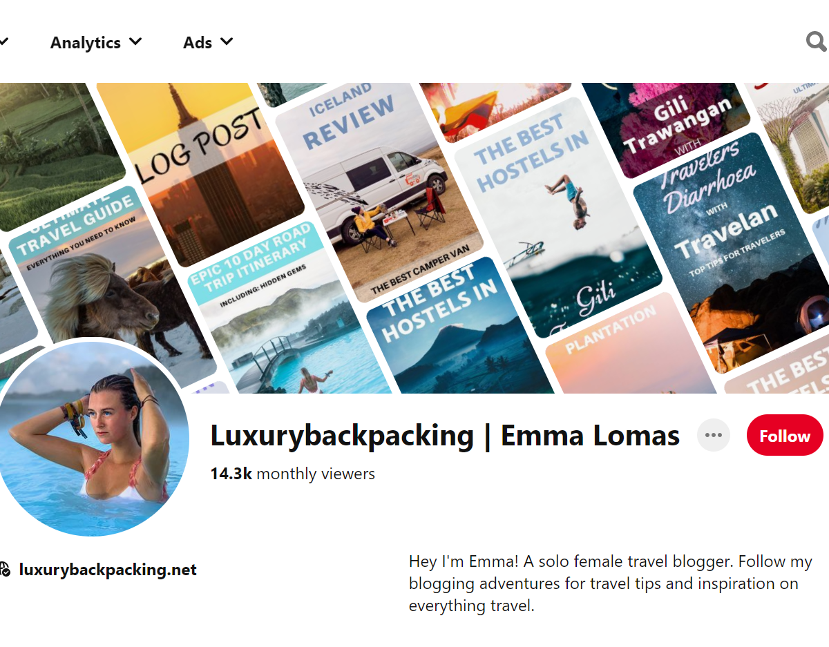 Luxurybackpacking | Emma Lomas-Top 100 Pinterest Travel Influencers