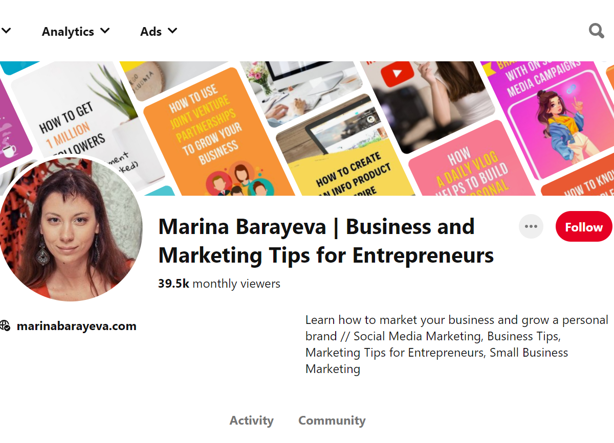 Marina Barayeva | Business and Marketing Tips for Entrepreneurs Pinterest Account
