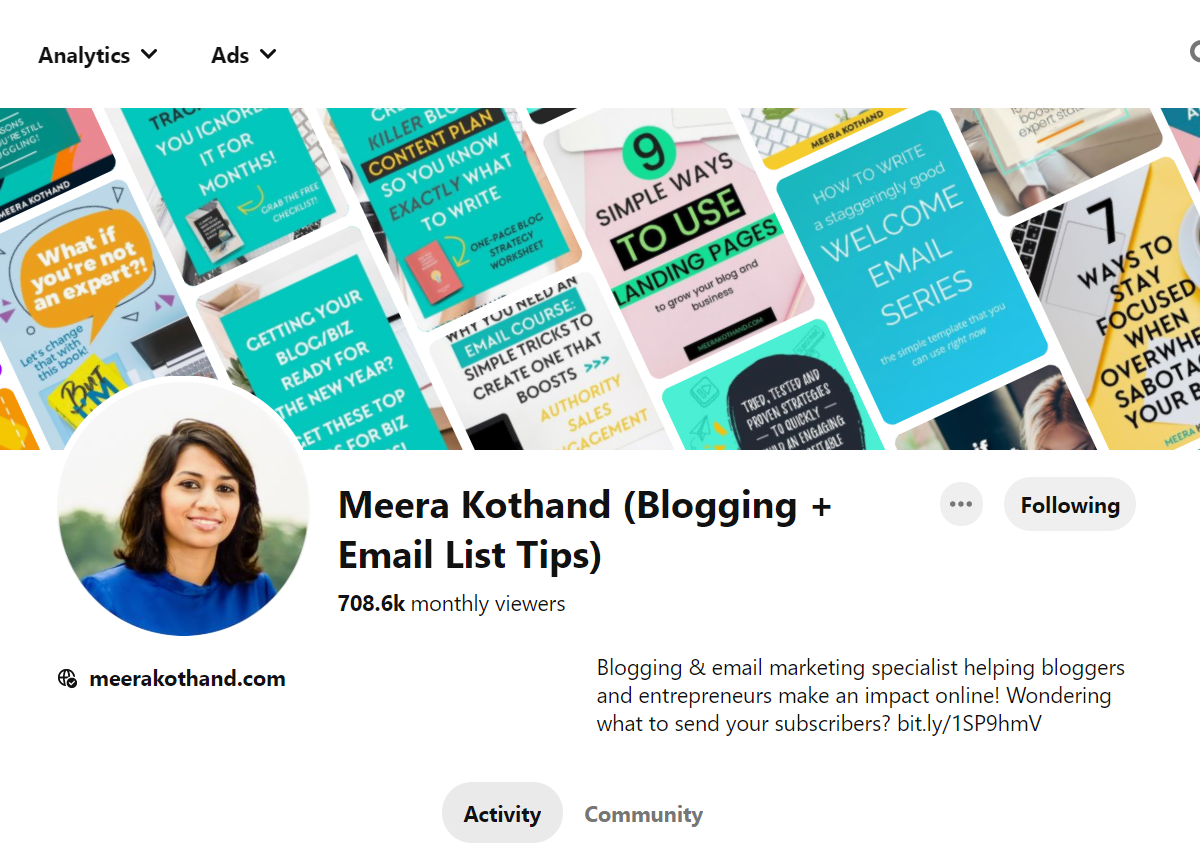 Meera Kothand (Blogging + Email List Tips)  Pinterest Account