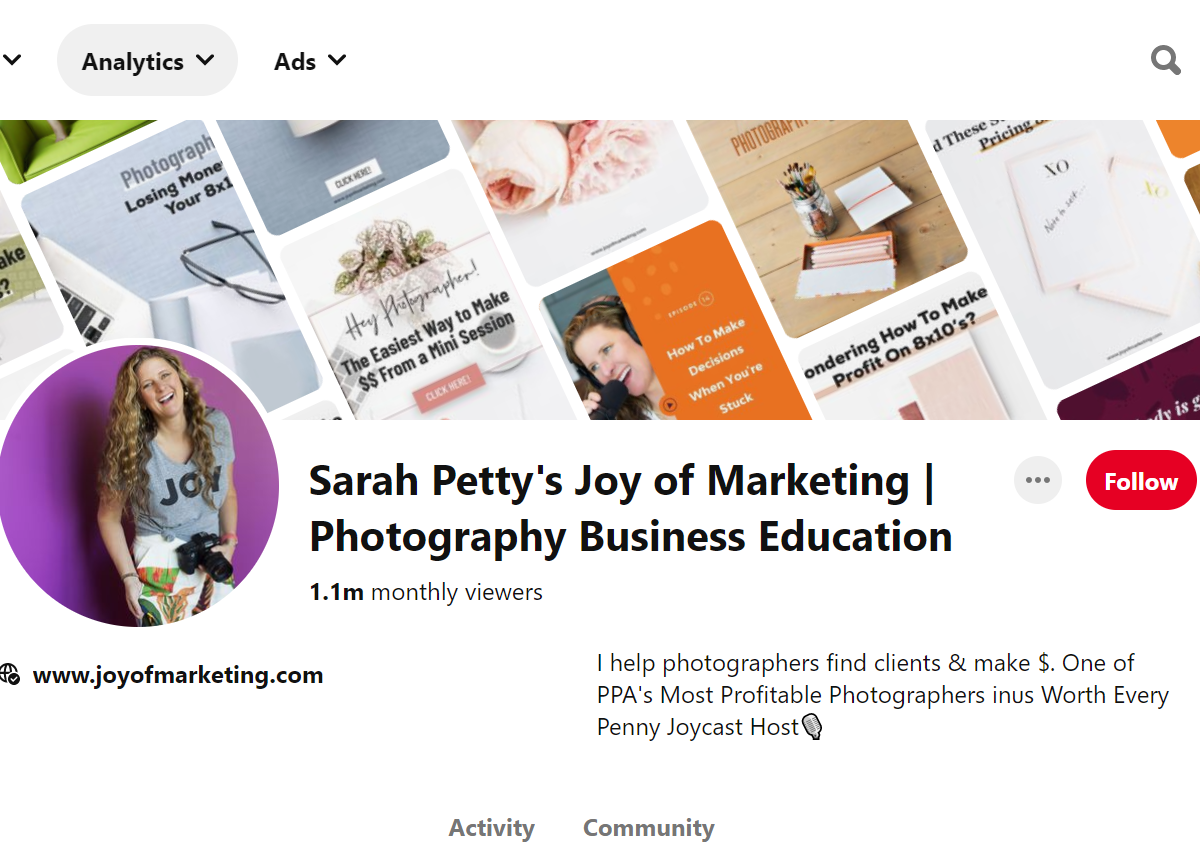 Sarah Petty's Joy of Marketing | Photography Business Education Pinterest Account
