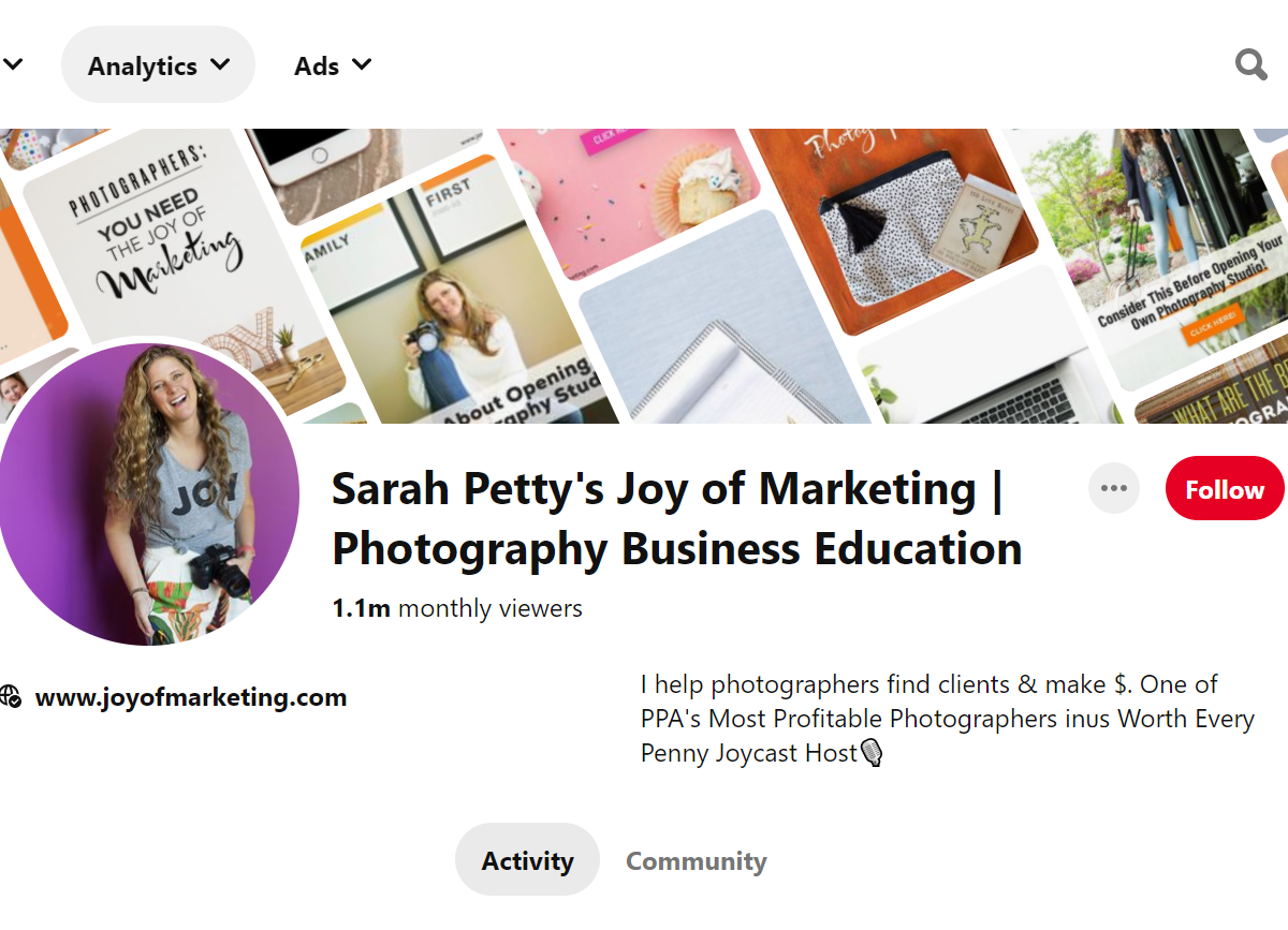 Sarah Petty's Joy of Marketing | Photography Business Education-100 Pinterest Photography Influencers